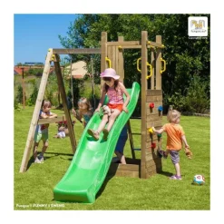 Fungoo Aire De Jeux Funny 3 : Toboggan - Balancoire Simple - Mur D'Escalade Et Bac A Sable- Aires De Jeux