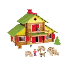 Jeujura Chalet En Bois 240 Pieces Avec 3 Personnages- Planchettes Et Construction En Bois
