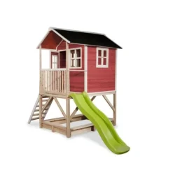 Exit Toys Maison En Bois Loft 500 Rouge Avec Toboggan Et Bac A Sable- Aires De Jeux