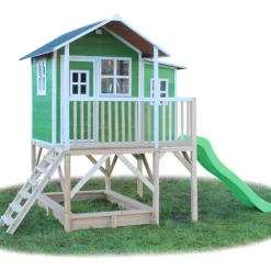 Exit Toys Maison En Bois Loft 550 Verte Avec Bac A Sable Et Toboggan- Aires De Jeux