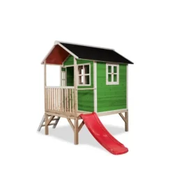Exit Toys Maison En Bois Loft 300 Verte Avec Toboggan- Aires De Jeux